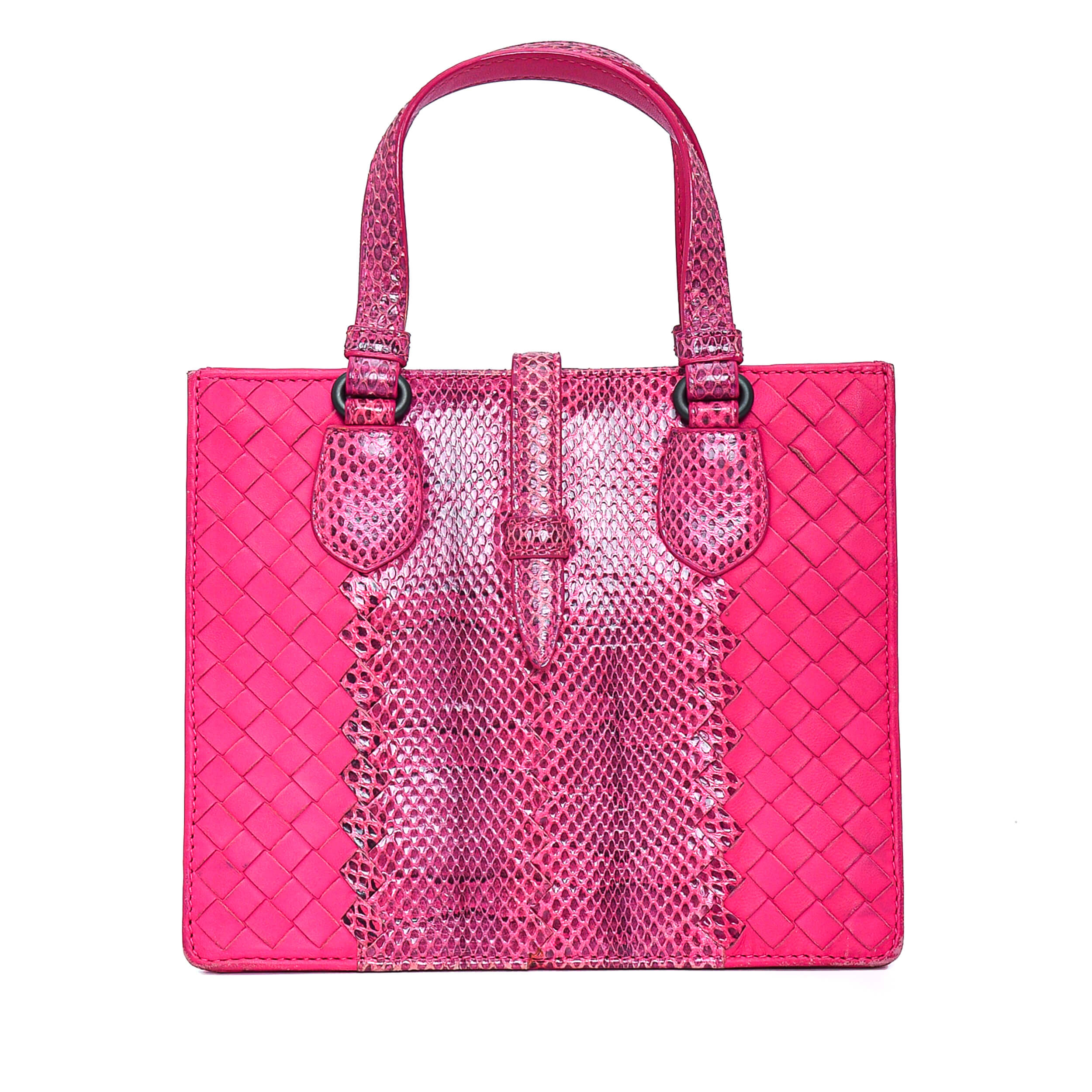 Bottega Veneta -  Pink Intreccıato Leather & Exotic Leather Mini Top Handle Bag 